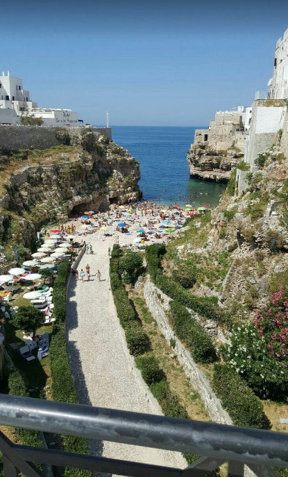 Top view of a sandy street with umbrella huts towrds Lama Monachile beach : Trip to Dolomities Matera Bari